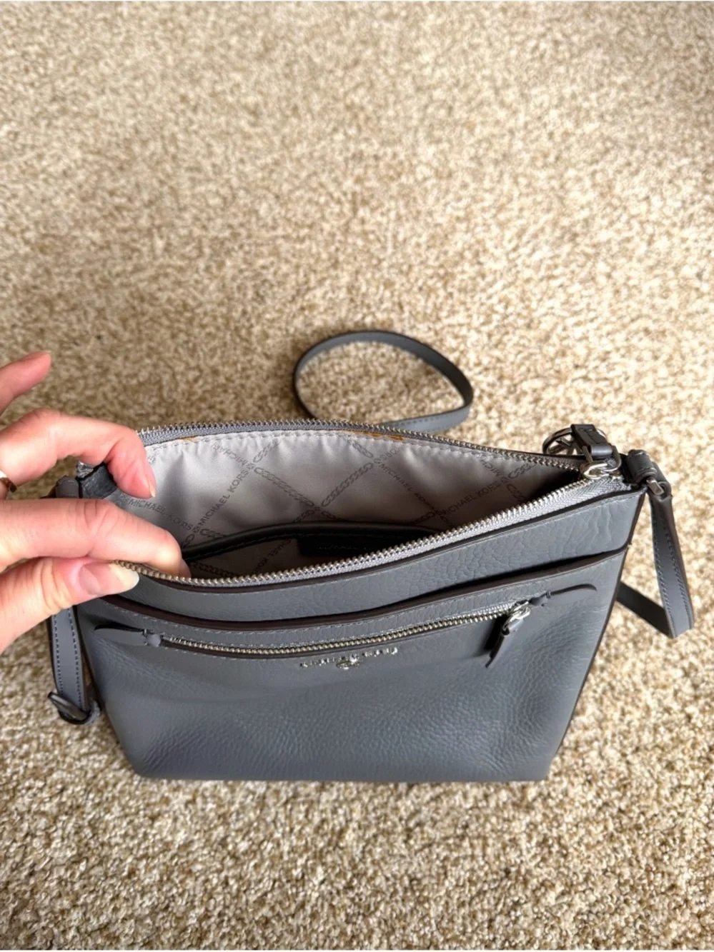 Michael Kors Jet Set North South Charm Leather Crossbody Bag Grey Flat